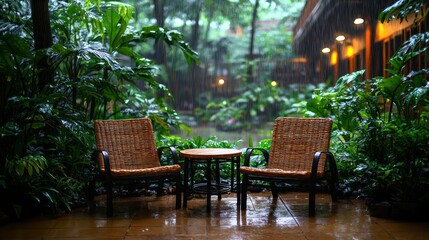 Two chairs, table on patio in rain, trees in back. Stock image for rain