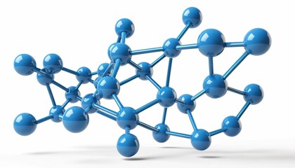 Abstract 3D model of a complex molecule.  A network of interconnected blue spheres, representing atoms and bonds.  .
