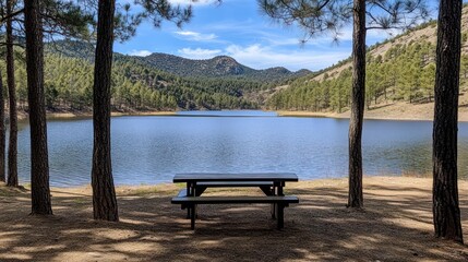 Fototapeta premium Serene Lakeside Picnic Area Mountain View