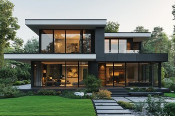 Modern 3D rendering of a house with large glass windows showcasing open spaces.
