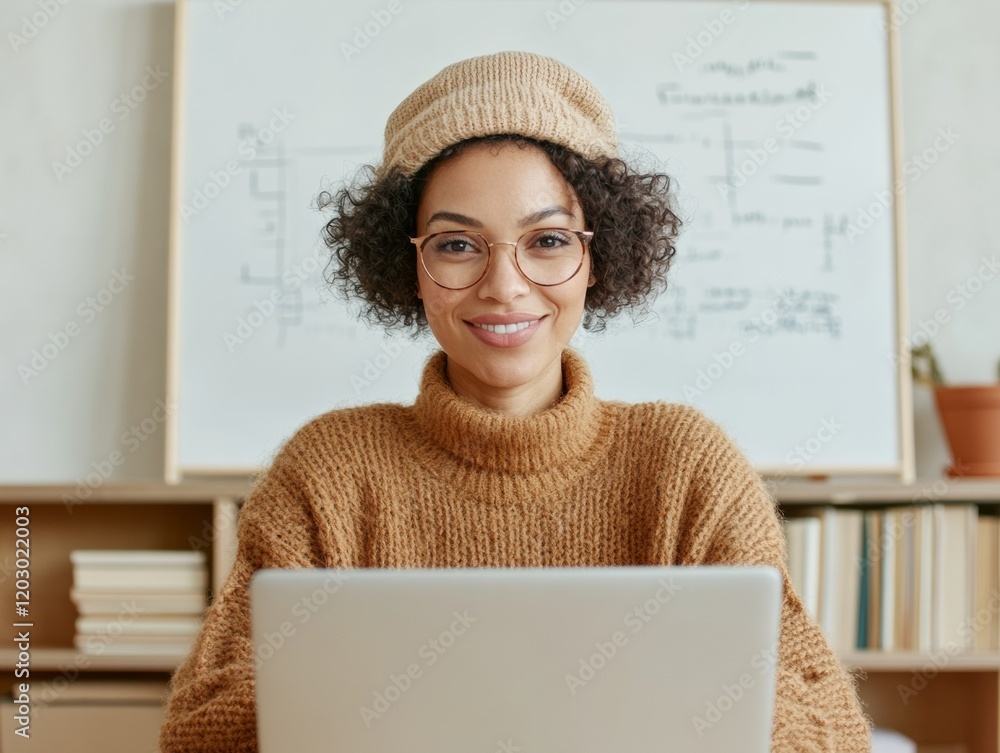 Aufkleber scandinavian boho home office latina educator conducting virtual class with laptop - edtech empowerm