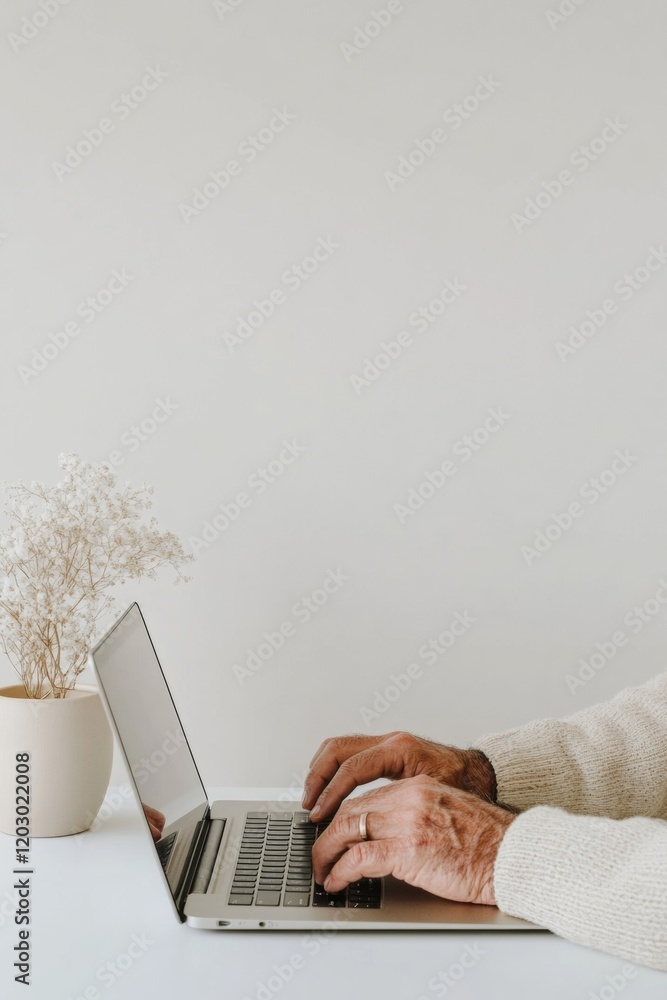 Aufkleber Minimalist Workspace Focus Indian Mans Hands on Laptop with Digital Notebook – Enhancing Productivity with Modern Tools in Tech and Education for a Collaborative Future
