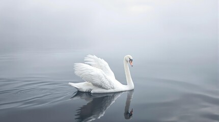 Obraz premium Beautiful white swan cygnus olor gliding on a tranquil pond under overcast skies with wings open, wildlife, nature