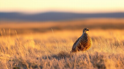 A bird is standing in a field of tall grass