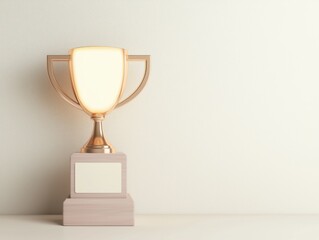 A shiny trophy sits on a pedestal against a light background, symbolizing achievement and recognition.