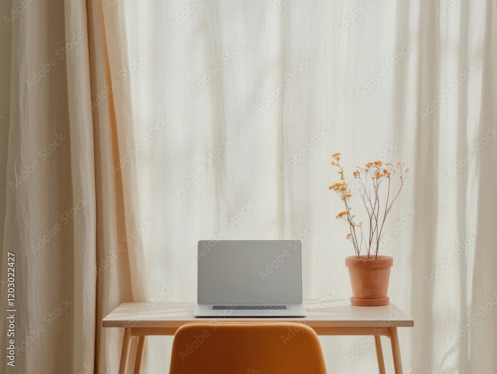 Aufkleber contemporary minimalist workspace sleek laptop and ergonomic setup by large window for eco-friendly 