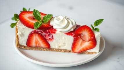 Beautifully arranged slice of homemade cheesecake with fresh strawberry slices and whipped cream, garnished with mint leaves, decorative, baking