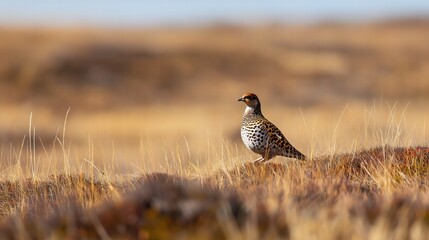 A bird is standing on a hillside in a field