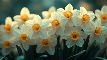 White daffodils blooming in garden, spring