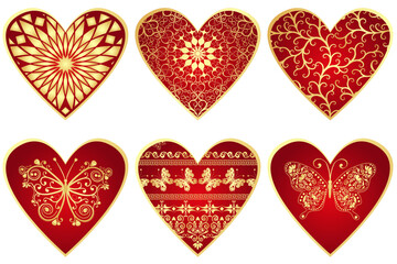 Vector set of 6 doodle red and golden gradient hearts isolated symbols on transparent background