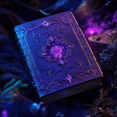 Mystical Grimoire: An ancient, ornate grimoire rests on a dark surface, its cover adorned with intricate carvings and a glowing purple crystal at its center.