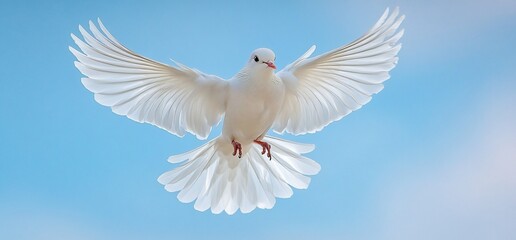 Obraz premium White dove in flight, blue sky background, peace symbol