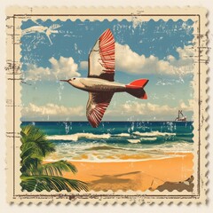 Vintage Postcard: A nostalgic, vintage-style postcard depicting a bird in flight over a tranquil beach scene.