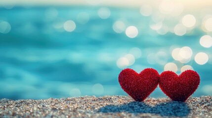 Two hearts on sand with blurred ocean behind for a romance theme use