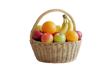 Fresh fruit basket filled with apples, oranges, bananas, and grapes on a white background