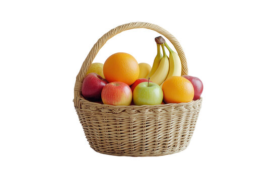 Fresh fruit basket filled with apples, oranges, bananas, and grapes on a white background