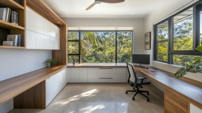 Modern Home Office Design With Large Windows and Built In Desk