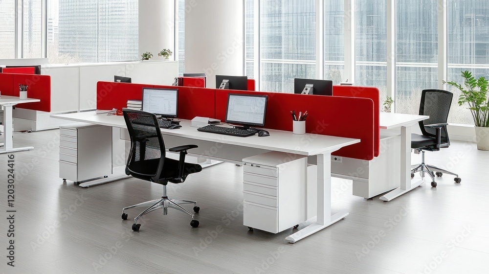 Poster modern white office workspace with red partitions