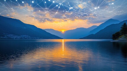 Serene Sunset Over Mountain Lake With Network Overlay