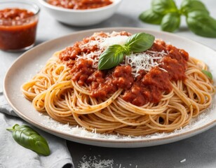 Fototapeta premium Spaghetti with Tomato Sauce, Parmesan Cheese and Basil