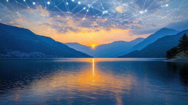 Serene Sunset Over Mountain Lake With Network Overlay