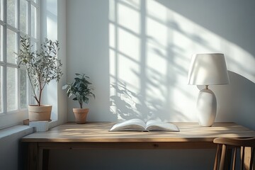 Fototapeta premium Sunlit desk, open book, plants, lamp, peaceful.
