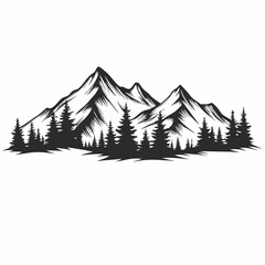 A mountain range with trees and a white background. The trees are black and the mountains are white