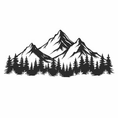 A mountain range with trees and a white background. The trees are black and the mountains are white