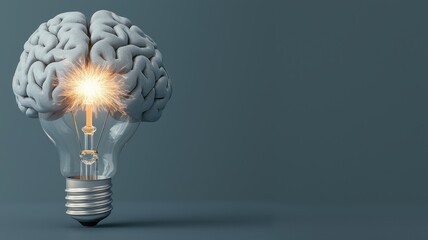 A light bulb merges with a brain, symbolizing creativity and innovation, with a glowing filament suggesting an enlightened idea.