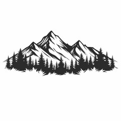 A mountain range with trees and a white background. The trees are black and the mountains are white