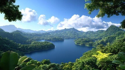 Obraz premium Tropical Lake and Lush Mountains