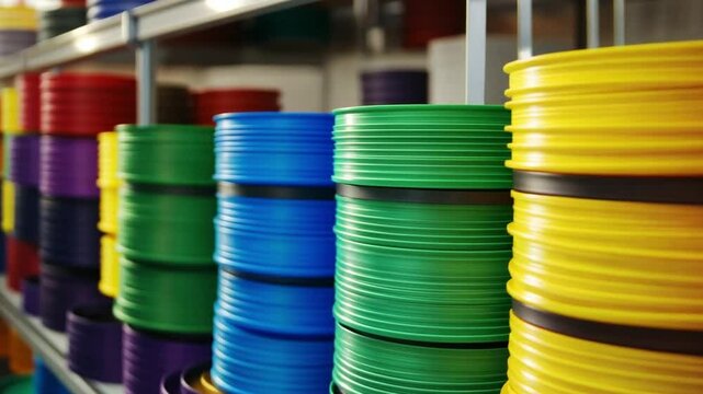 A row of colorful plastic plates are stacked on top of each other