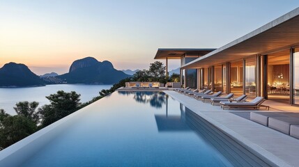 Obraz premium Modern Infinity Pool House Overlooking Serene Bay