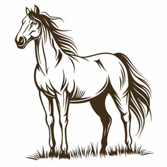 Obraz premium A horse is standing in a field. The horse is brown and has a white mane. The horse is looking to the right