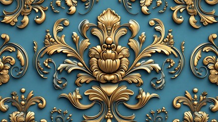 3D teal and gold Baroque pattern, a seamless repeating pattern