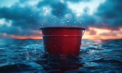 Red bucket floats, water splashes, sunset sky.