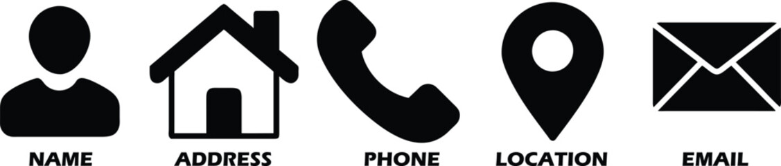 Contact information flat icon set, Person, Home address, Telephone, Location and Email. Business card design symbols. Vector illustration.