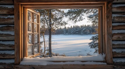 Winter cabin window view, snowy landscape, sunrise. Peaceful nature scene for travel, home decor