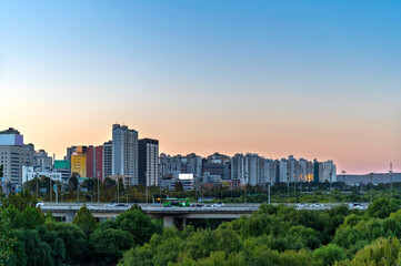 Aerial view of Yeouido Saetgang Ecological Park in autumn season with skyscrapers and modern buildings cityscape, Seoul city, Republic of Korea