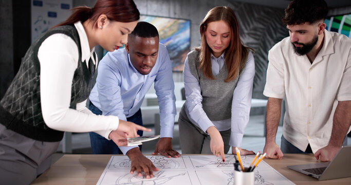 Cartoon Storyboard Artists Discussing Pencil Sketch - Powered by Adobe