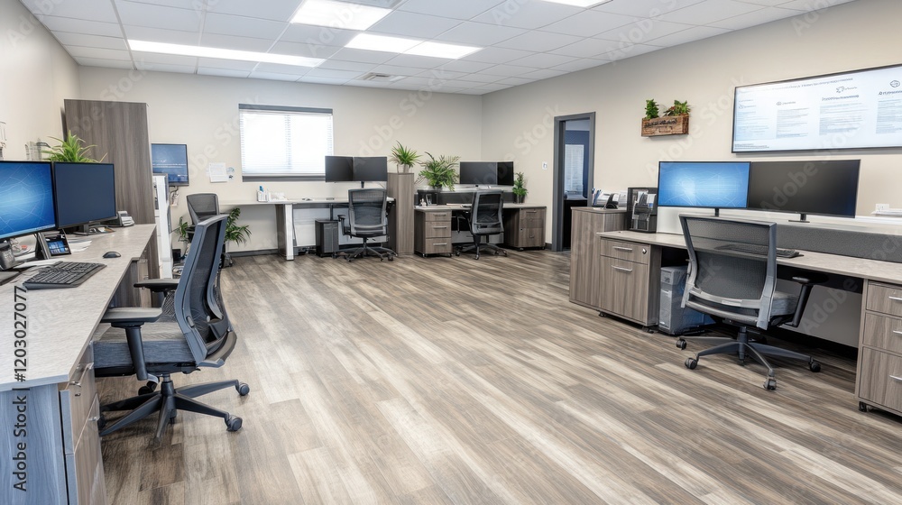 Poster Modern Office Workspace With Multiple Computer Stations