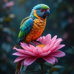 Fototapeta premium a colorful bird sitting on a pink flower, airbrush painting 