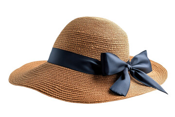 Wide-brimmed straw hat with navy ribbon suitable for sunny days at the beach or garden parties