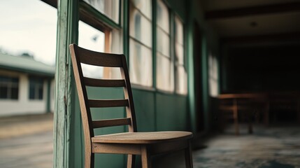 A wooden chair positioned in a sunlit, empty room with large windows and a rustic atmosphere.