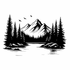 A mountain range with a river in between. Trees are in the foreground. Birds are flying in the sky