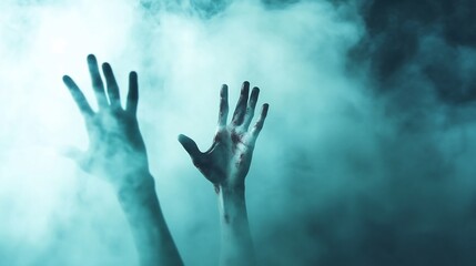 Bloody hands reaching, smoky background, horror scene, Halloween