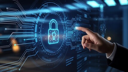 Cyber Security and Data Protection. Businessman Using Virtual Screen to Safeguard Financial Data with Innovative Technology,smart solution from cyber attack, innovation technology