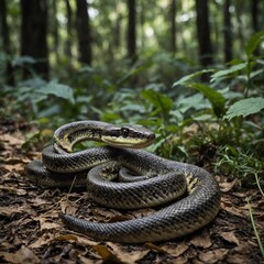 Photograph a snake slithering in the forest, side pose, captured in high resolution with a DSLR and a blurred background.