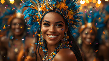 Smiling woman in vibrant carnival costume.
