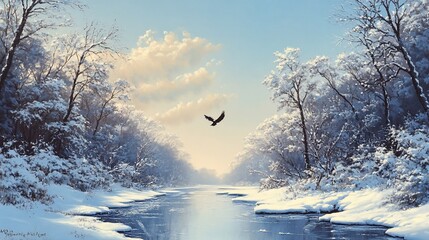 A majestic eagle soars over a serene winter river scene, snow-covered trees lining the banks under a soft, sunrise sky.